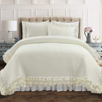  3pc Ella Shabby Chic Ruffle Lace Comforter Set Ivory - Lush Décor