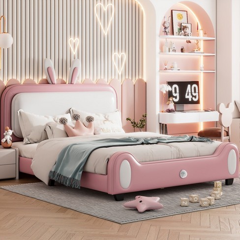 Fullsize Upholstered Rabbit-shape Princess Platform Bed, White+pink ...