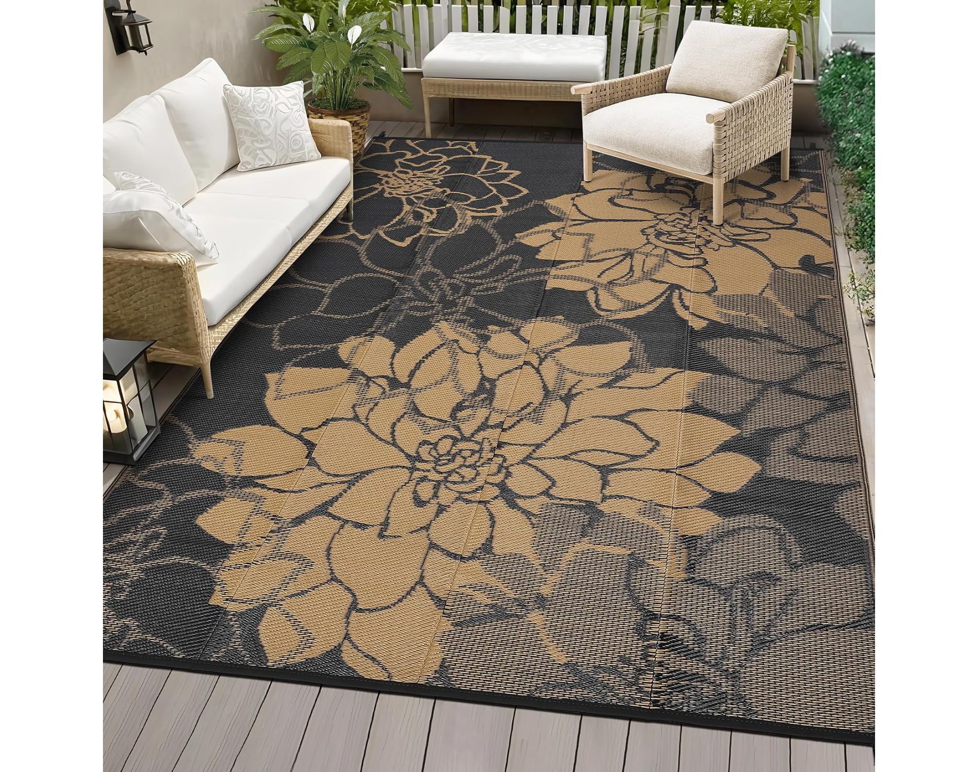 Outdoor Patio Rug, waterproof, reversible, foldable, UV-resistant with a portable bag, features a modern flower pattern for yard and camping use.
