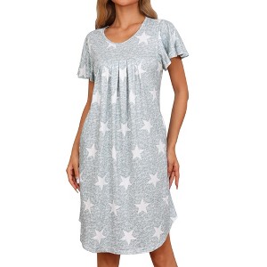 cheibear Women's Pleated Front Short Sleeve Nightgowns House Dress Nightshirt - 1 of 4