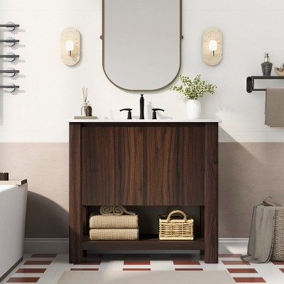 Bathroom Floor Cabinet With Rectangle Ceramic Sink,Bathroom Cabinet With Large storage space And 45 Degrees Free-Handle Design-Cuddlewood