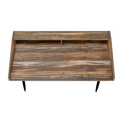 Vynxaria 48" Black Metal Frame Desk Brown Laminate Top Shelving Design for Modern Offices