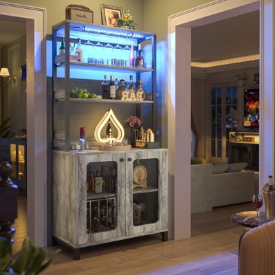 Aheaplus Bar Cabinet with Power Outlets, Wine Bar Cabinet Liquor Cabinet with LED Lights & Glass Holder