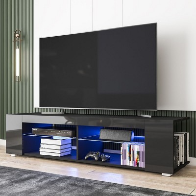 Hommpa TV Stand for TVs Up to 65" with Open Glass Shelves Remote LED Light