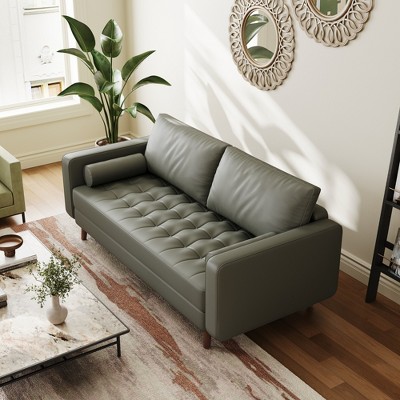 70" Gray Faux Leather Tufted Sofa with Track Arms