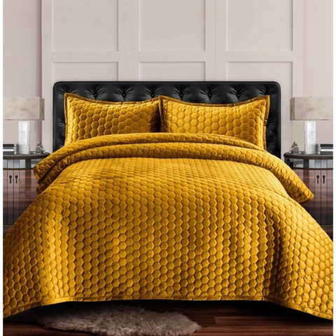 Tribeca Living 3pc Queen Lugano Honeycomb Velvet Oversized Solid Quilt Set Gold - Tribeca Living: Luxurious Comforter, Soft Bedding Set