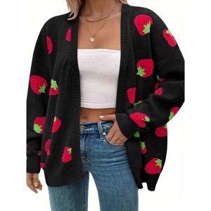 Women's Plus Size Strawberry Floral Print Long Sleeve Open Front Knit Cardigan Sweater - 1 of 2