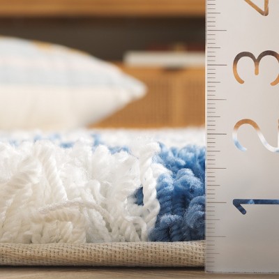 Ivory and Blue Hand-Tufted Cotton Shag Area Rug, 7' x 7'