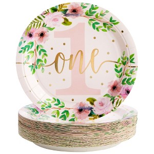 Blue Panda 48-Pack Floral Disposable Paper Plates for Girl Baby's 1st First Birthday Party Supplies - 1 of 4
