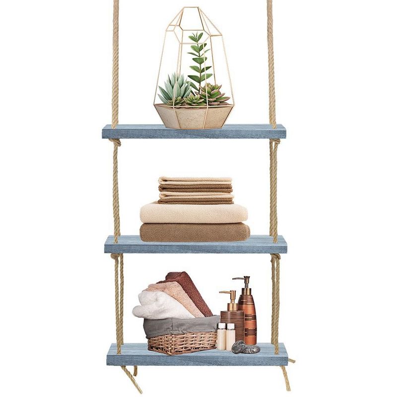 3-Tier Sorbus Rustic Wood Hanging Shelf - Storage Rope Organizer Rack, Floating Display Shelves (Grey), 3 of 10