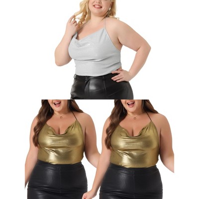 Agnes Orinda Women's Plus Size Backless Halter Sleeveless Glitter Metallic Sequin Party Criss Cross Packs Camisoles