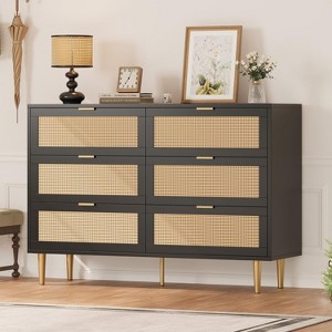 6-Drawer Rattan Dresser with Gold Legs and Handles, Modern Wide Chest of Drawers with Spacious Top and Anti-Tip Safety for Bedroom and Living Room - 1 of 4