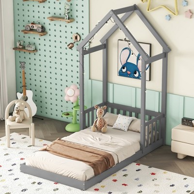 Whisen Wood Montessori Floor Bed with House-shaped Roof Headboard