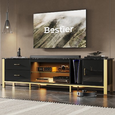 Bestier Modern 80''LED TV Stand for TVs up to 90‘’with Adjustable Tempered Glass Shelf, Entertainment Center with Storage Cabinet with Door & Drawers