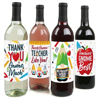 Big Dot of Happiness School Gnomes - Teacher and Classroom Decorations for Women and Men - Wine Bottle Label Stickers - Set of 4