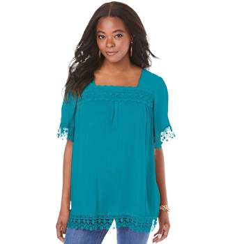 Roaman's Women's Plus Size Embroidered Lace Crinkle Top