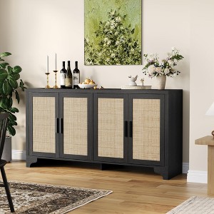 Natural Rattan Sideboard Buffet Cabinet with Storage, Farmhouse Large Rattan Cabinet with 4 Doors, Wood Accent Coffee Bar Buffet Console Tables - 1 of 4