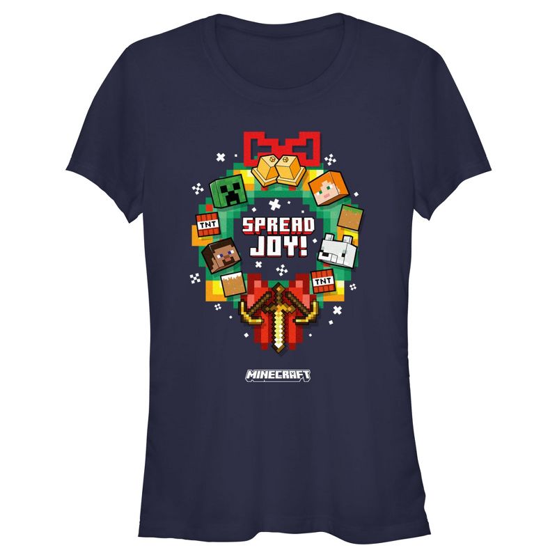 Juniors Womens Minecraft Spread Joy Wreath T-Shirt, 1 of 5
