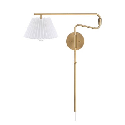 Kai Vintaged Brass Swing Arm Wall Sconce with White Linen Shade