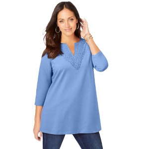 Jessica London Women's Plus Size Stretch Cotton Crochet Notch Neck Tunic - 1 of 2