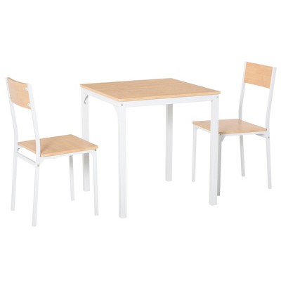 HOMCOM 3-Piece Wooden Square Dining Table Set with 1 Table and 2 Chairs and Sturdy Metal Frame White