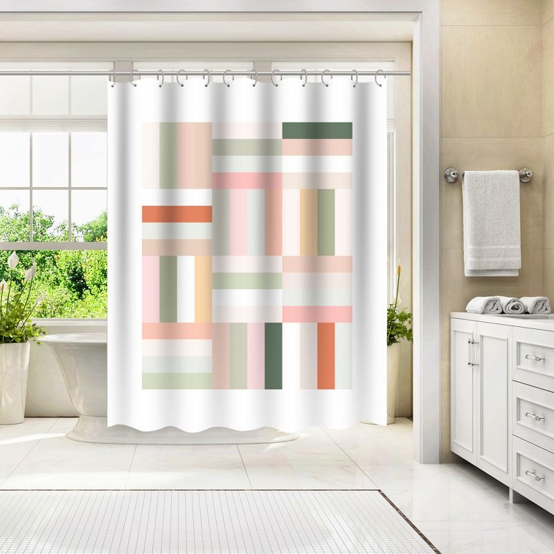 Americanflat 71x74 Shower Curtain Pink Green Terracotta Geometric 1 by The Print Republic, 3 of 6