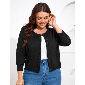 YESFASHION Women Plus Size Cardigan Round Neck Button Down 3/4 Sleeve Top Solid Casual Cardigan - 1 of 4