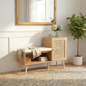 Homy Casa Modern Entryway Shoe Storage Bench with Cushion and Side Cabinet, Natural Oak - 1 of 4
