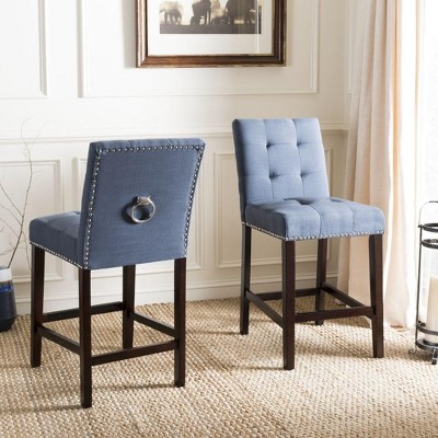 Navy Blue Tufted Linen Transitional Counter Stool, Set of 2