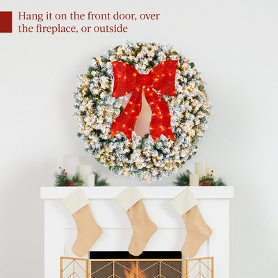 36" Snow-Flocked Artificial Christmas Wreath with Red Bow and LED Lights
