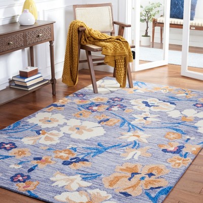 Ivory and Blue Floral Handmade Wool Tufted Rug, 4' x 6'