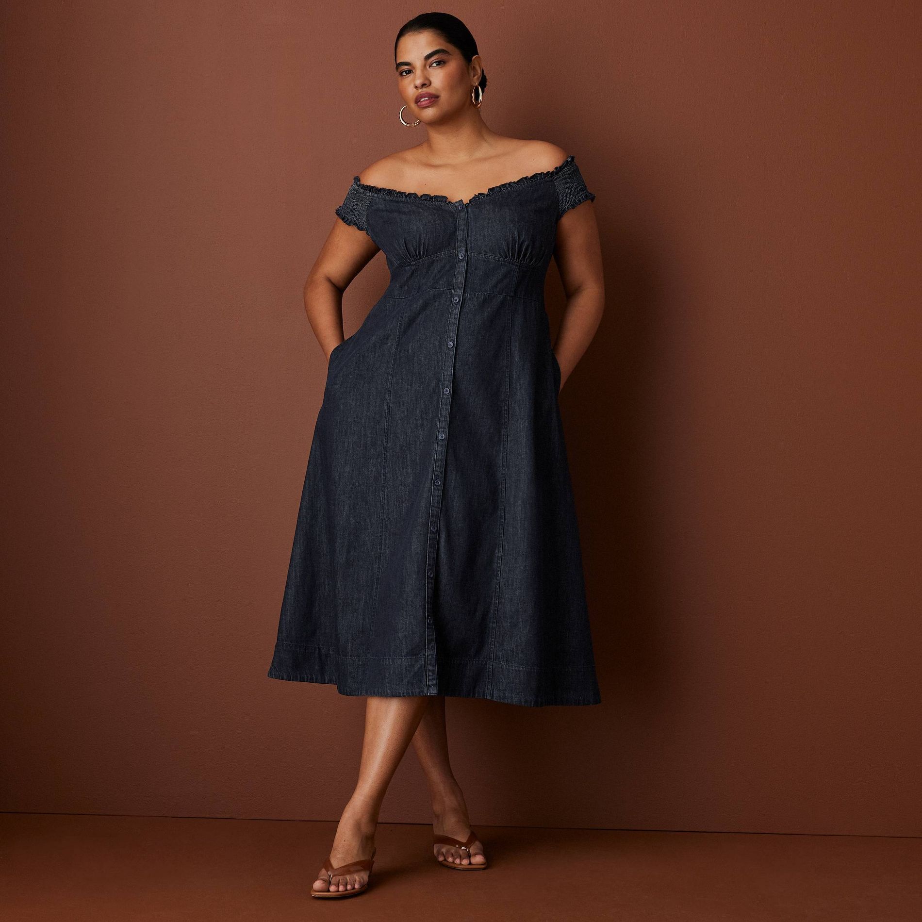 Women's Off the Shoulder Denim Button-Down Ankle Dress - Rosie Assoulin x Target Dark Wash