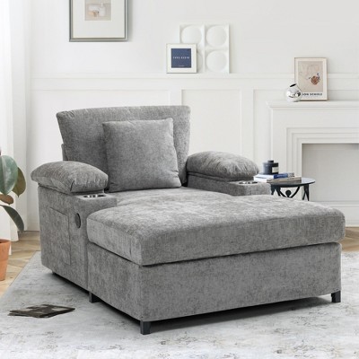 Whisen Modern Oversized Chair with Ottoman, Comfy Chenille Sofa Bed with Cupholders and USB Charging Ports