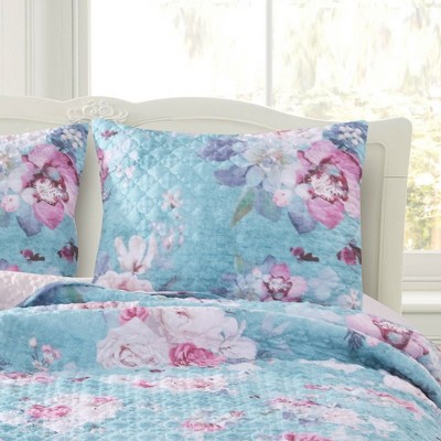 Barefoot Bungalow Avril Floral Patterns Digitally Printed & Millennial Blush Reverse Pillow Sham - King 20x36" Turquoise Blue