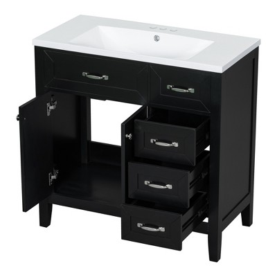 Vynxaria 36" Black Bathroom Storage Cabinet with Sink and Drawers