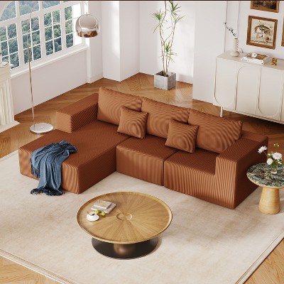 CAVINAS 108.3" Sectional Sofa for Living Room,L-Shaped Foam Couch with 3 Seats,Convertible Modular Couch,Upholstered Corduroy Couch,2 Pillows