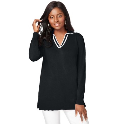 Jessica London Women's Plus Size Fine Gauge Contrast Tipped Collar Sweater
