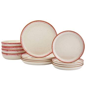 12pc Stoneware Hanover Dinnerware Set Cream/Red - Tabletops Gallery