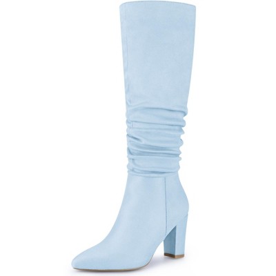 BLISSFUL STEP Wrinkled Pointed Toe Chunky Heel Knee High Boots for Women