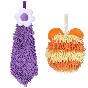 REGALWOVEN Soft Absorbent Cute Fuzzy Hanging Decorative Bathroom Chenille Hand Towel 6" x 15"/7" x 7" 2 Packs - 1 of 4