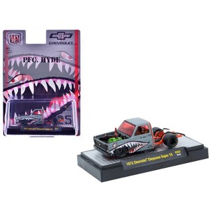 1973 Chevrolet Cheyenne Super 10 Bedless Truck "PFC. Hyde" Gray with Shark Mouth Graphics 1/64 Diecast Model Car by M2 Machines - 1 of 3