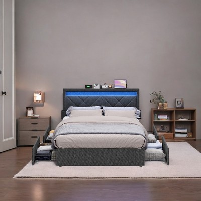 Full Size LED Bed Frame with Adjustable Headboard, Storage Drawers, and Charging Ports: Transform Your Bedroom with Customizable Lighting
