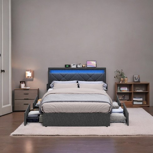 Full Size LED Bed Frame with Adjustable Headboard, Storage Drawers, and Charging Ports: Transform Your Bedroom with Customizable Lighting - image 1 of 3