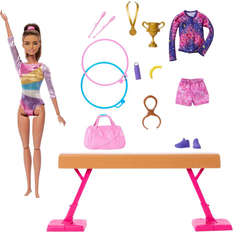Barbie Gymnastics Playset with Blonde Fashion Doll, Balance Beam, 10+ Accessories &#38; Flip Feature with Brown Hair, 2 of 7