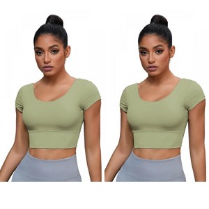 INSPIRE CHIC 2 Pcs Women's U Neck Short Sleeve Deep V Back Workout Tank Tops with Built-in Bras - 1 of 4