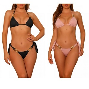Elerevyo Women's Chain Linked Detail Textured Tie Side Triangle Thong Bottom Swimwear Bathing Suits 2 Sets - 1 of 4