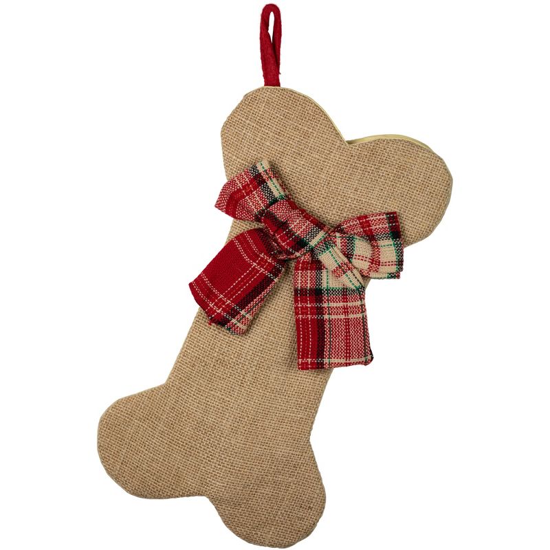 Northlight 14" Brown Burlap Dog Bone Christmas Stocking with Red Plaid Bow, 1 of 7