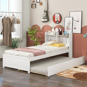 Okak Twin/Full Size Platform Bed Frame with Storage Headboard No Box Spring Needed Easy to Assemble Noiseless Bed with Trundle & Bookcase - 1 of 4