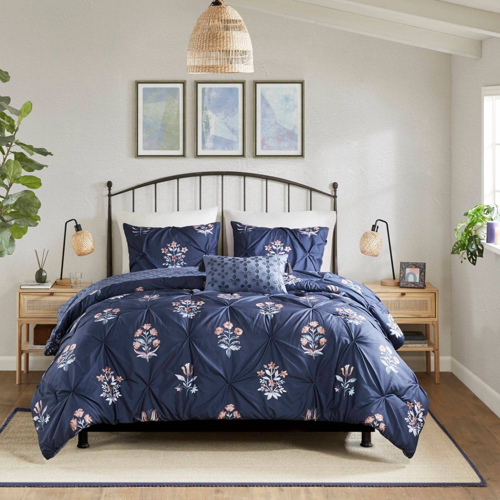 Photos - Bed Linen Madison Park King/California King 4pc Cassia Pintuck Microfiber Print Comforter Set with Throw Pillow Navy Blue: Hypoallerge