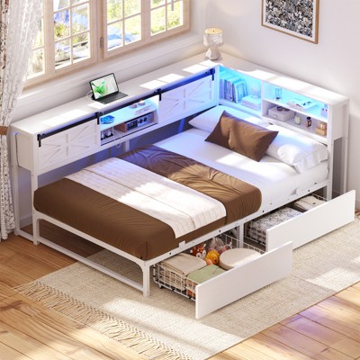 Aheaplus Reversible Daybed with Bookcase and Drawer, Corner Bed Frame with Sliding Door